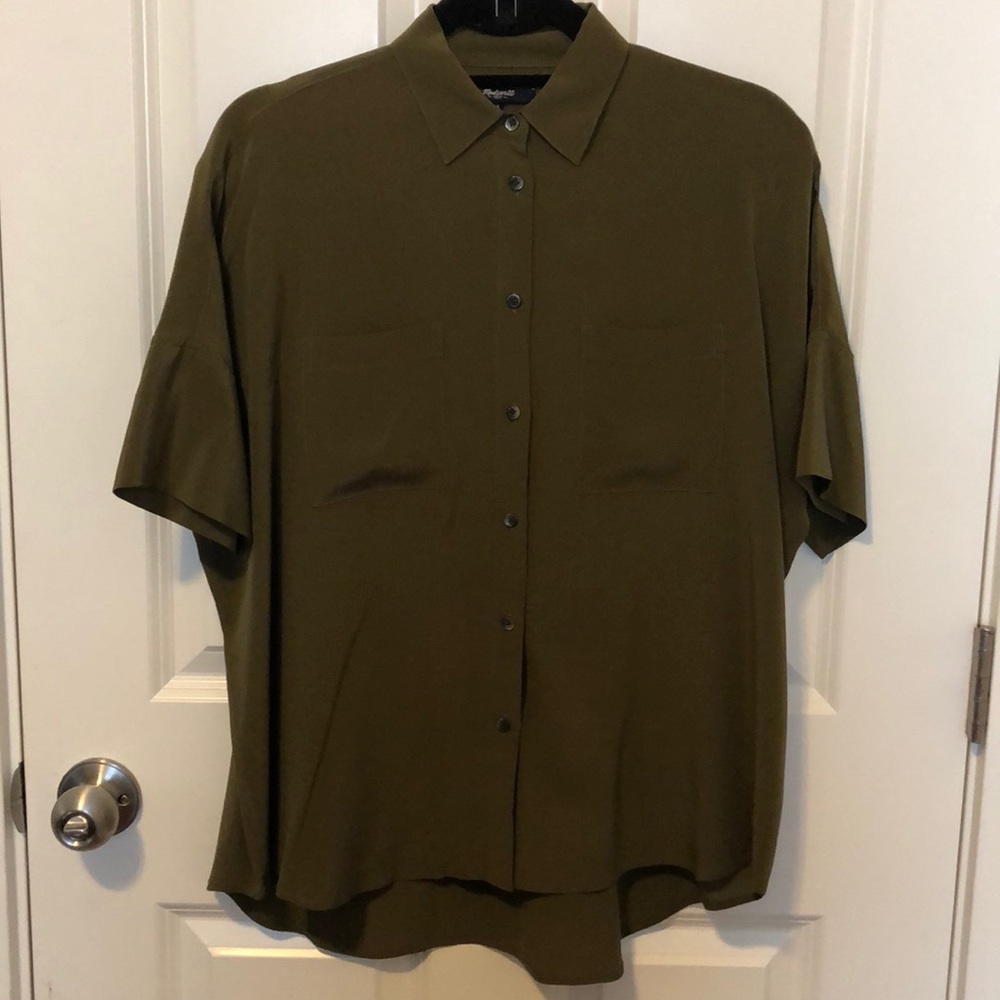 Madewell Silk Collared Blouse XS in Olive Green